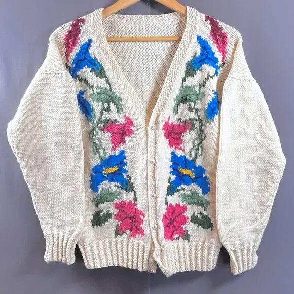 Vintage Cottagecore Hand Knit Crochet Granny Sweater Flower Pearl Buttons L XL - Picture 1 of 16